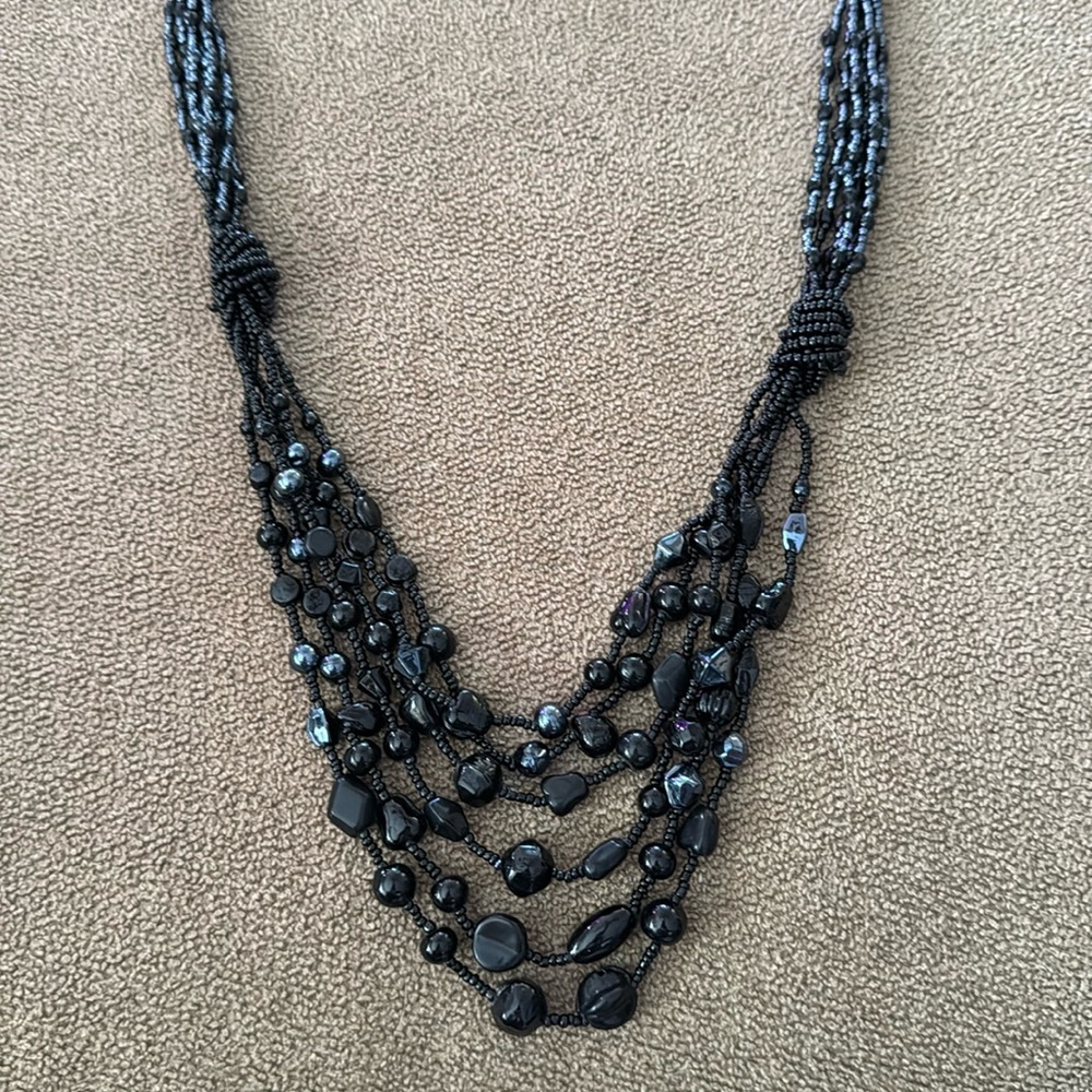 Handmade Black Glass Beaded On Seed Bead 36” Necklace (TD)